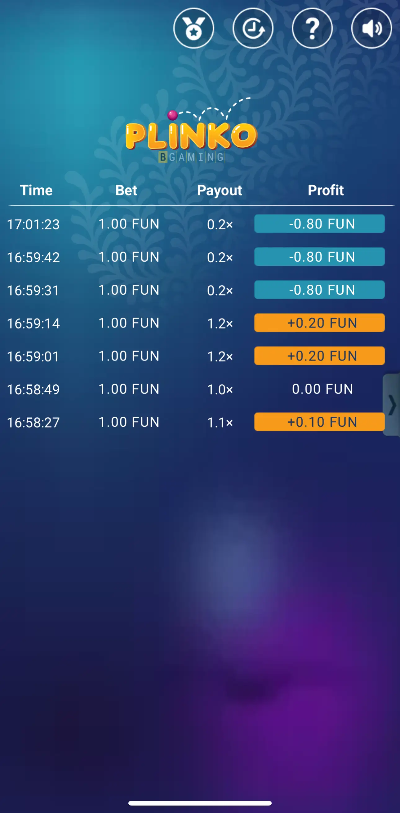 Interfaccia di gioco Plinko su mobile
